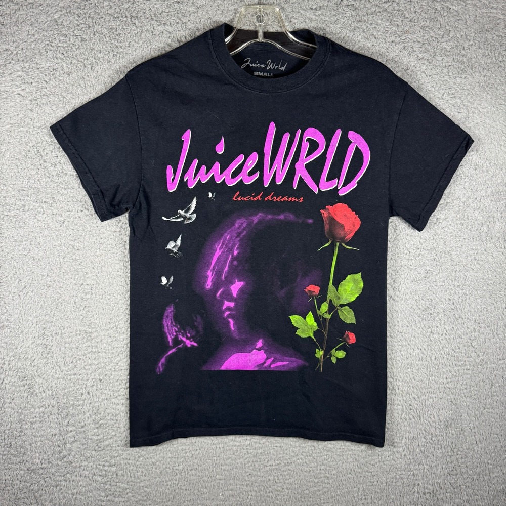 Juice WRLD Lucid Dreams Black Graphic T-Shirt Mens Small Rose Doves Rap Tee